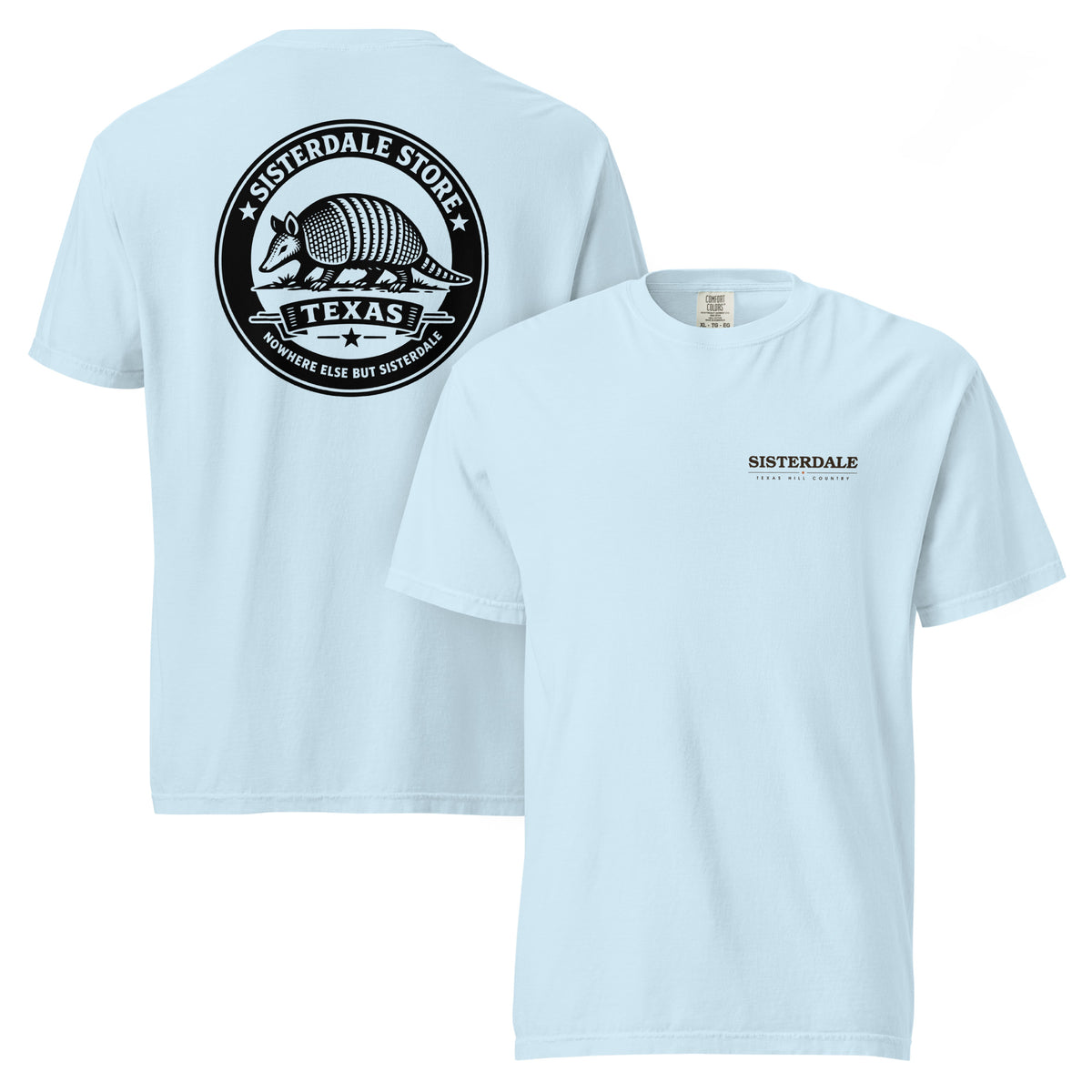 Sisterdale Store T-Shirt in Chambray, front and back view