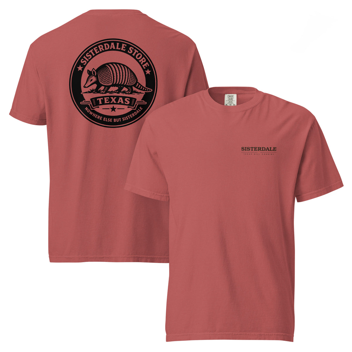 Sisterdale Store T-Shirt in Crimson, front and back view