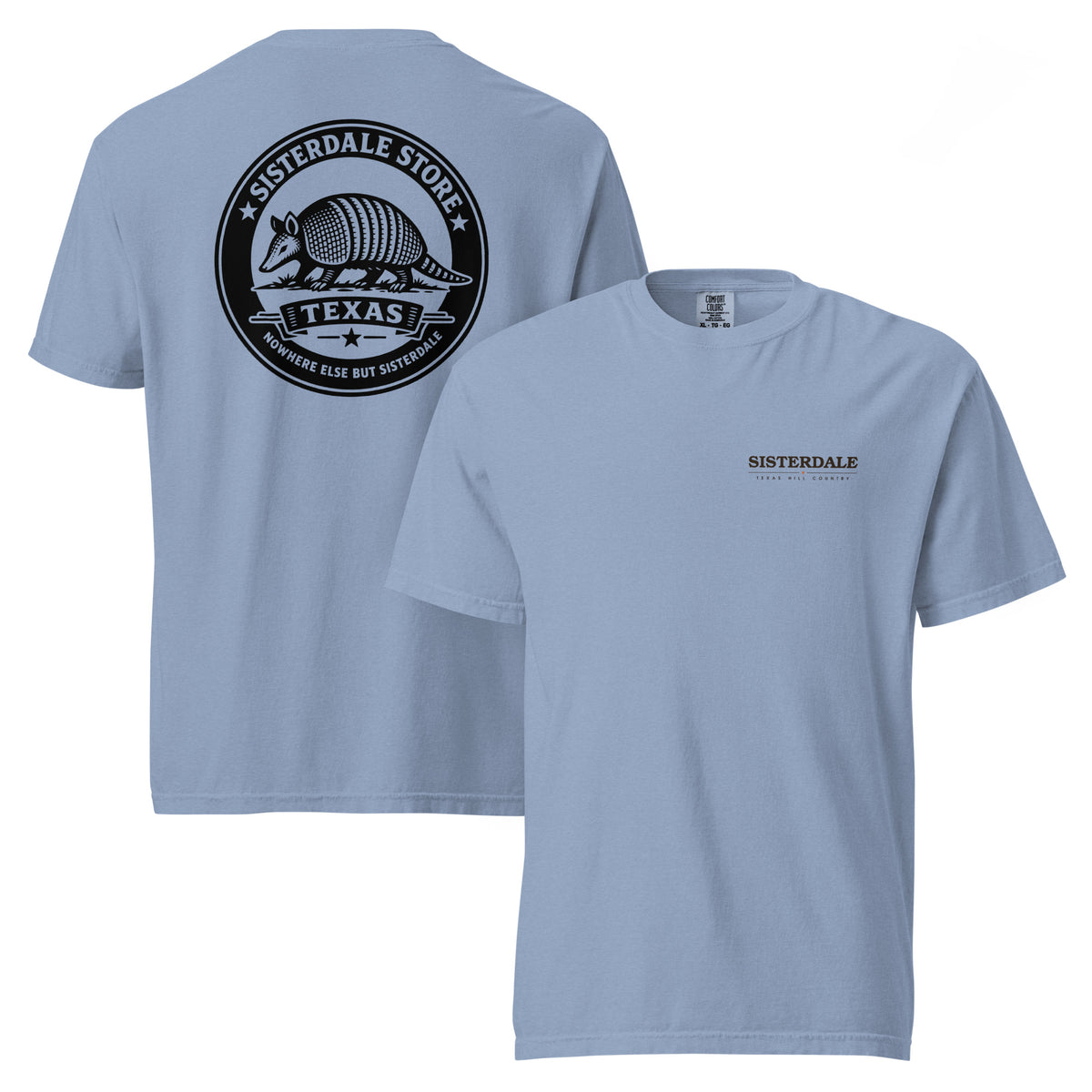 Sisterdale Store T-Shirt in Washed Denim, front and back view
